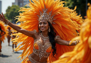 Woman in orange feathered carnival outfit - St. Lucia