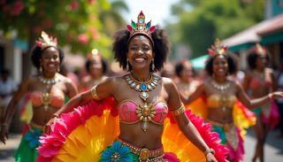Women in costume laughing at Crop Over Barbados
