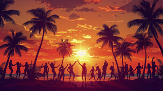 Sunset, palm trees, people dancing in Jamaica